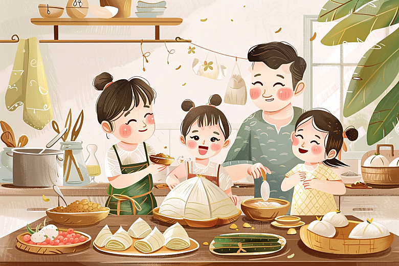 端午包粽子阖家团聚习俗插画