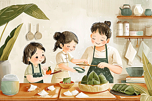 端午包粽子阖家团聚节日氛围插画