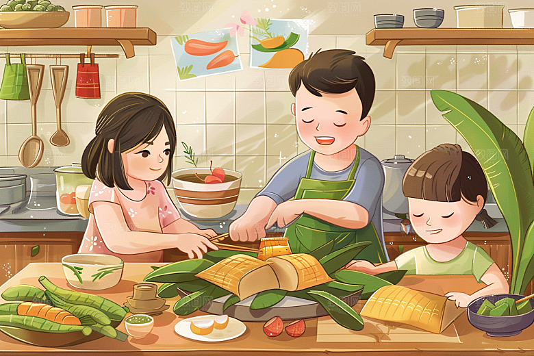 端午包粽子端午节阖家团聚插画