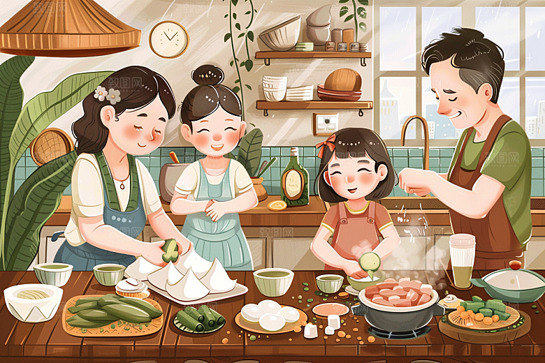 端午包粽子手绘端午节插画