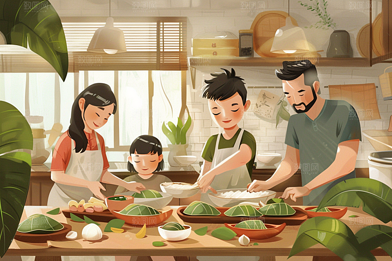 端午包粽子习俗传统文化插画