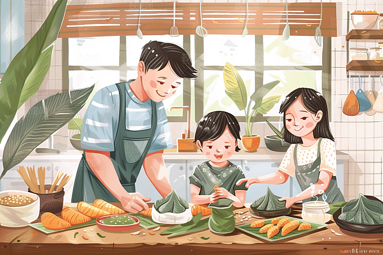 端午包粽子糯米阖家团聚插画