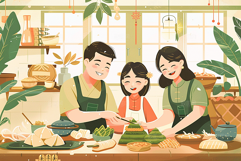 端午包粽子温馨高清插画
