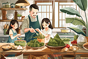 端午包粽子习俗节日插画