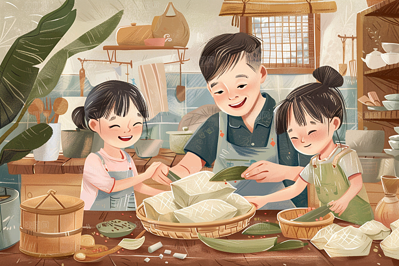 端午包粽子糯米传统文化插画