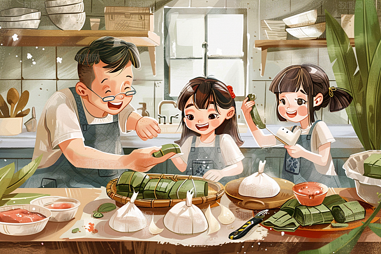 端午包粽子温馨美食插画