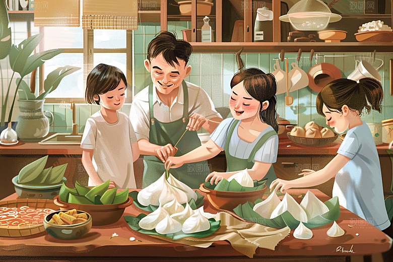 端午包粽子手绘阖家团聚插画