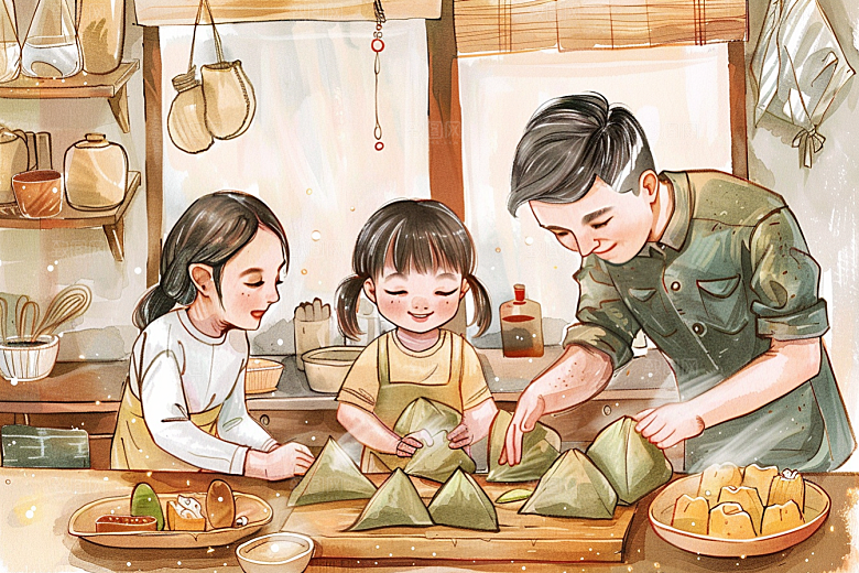 端午包粽子手绘粽叶插画