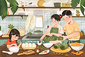 端午包粽子美食节日插画