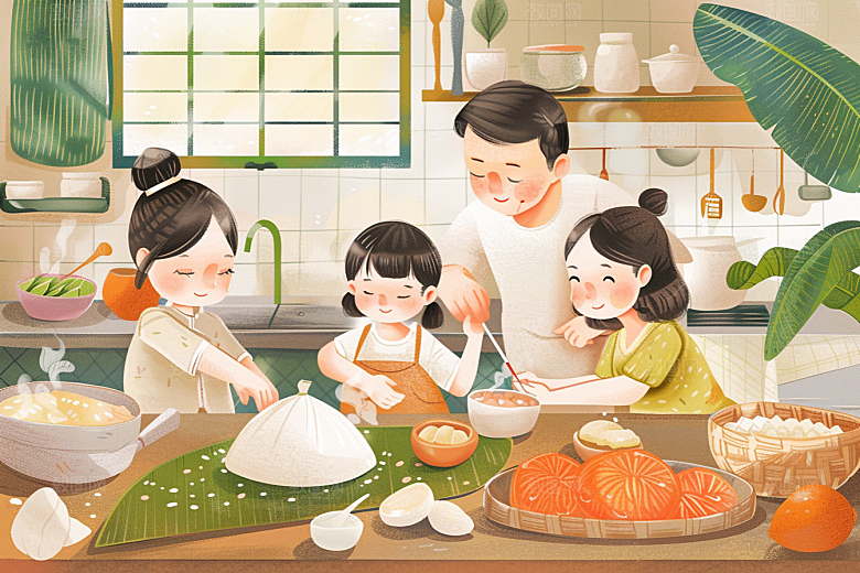 端午包粽子习俗手绘插画