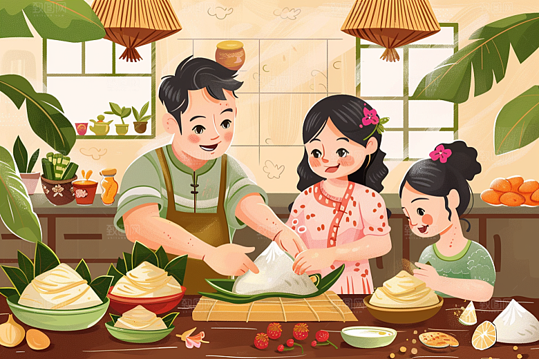 端午包粽子糯米美食插画