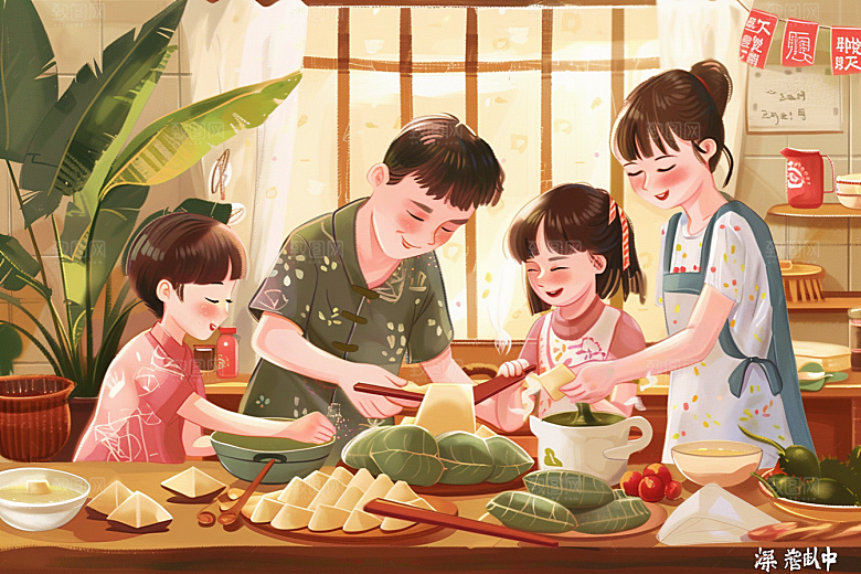 端午包粽子美味节日氛围插画