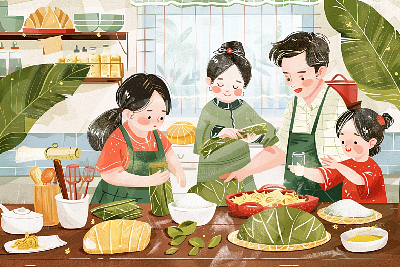 端午包粽子美食糯米插画
