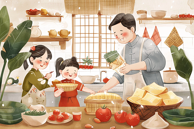 端午包粽子粽叶美味插画