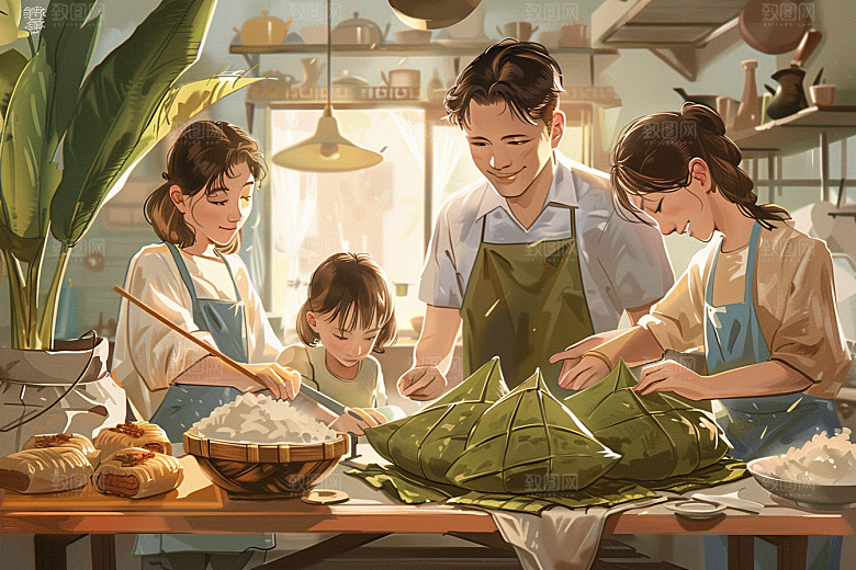 端午包粽子手绘端午节插画