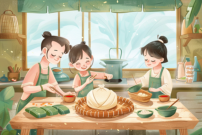 端午包粽子粽叶传统文化插画