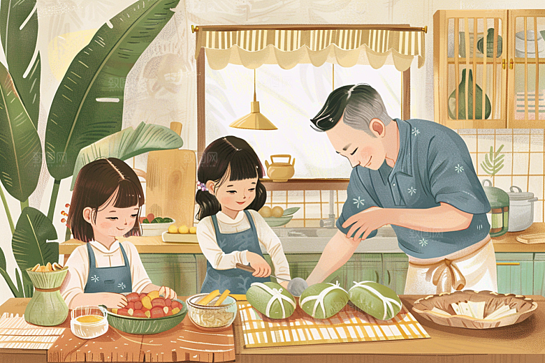 端午包粽子节日氛围美食插画