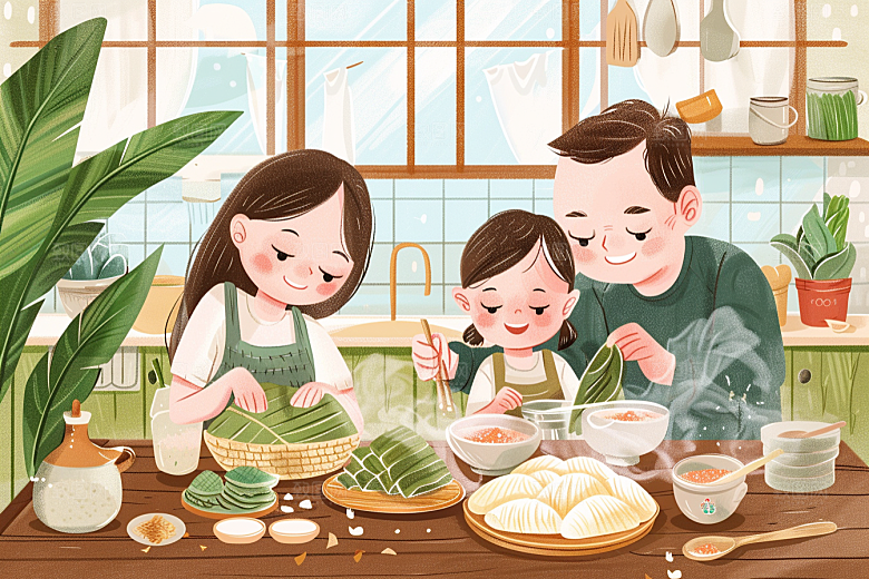 端午包粽子节日美食插画