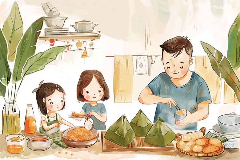 端午包粽子美味高清插画
