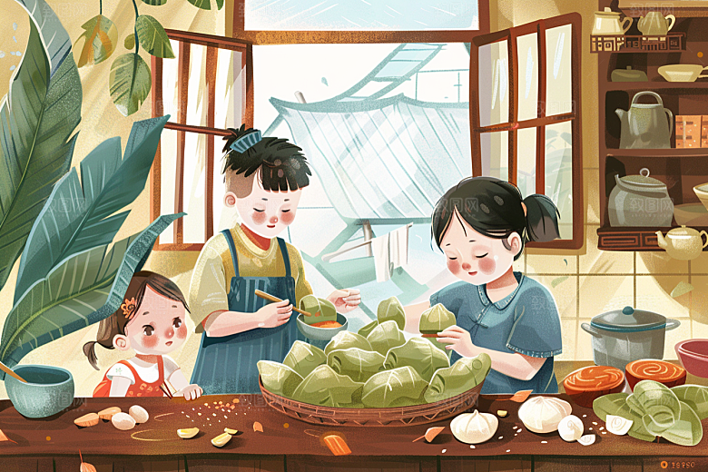 端午包粽子传统文化手绘插画