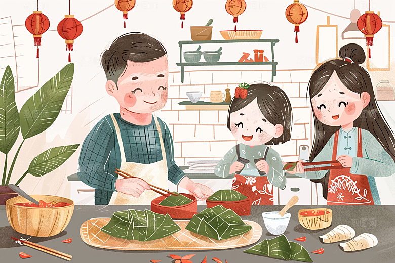 端午包粽子小吃习俗插画