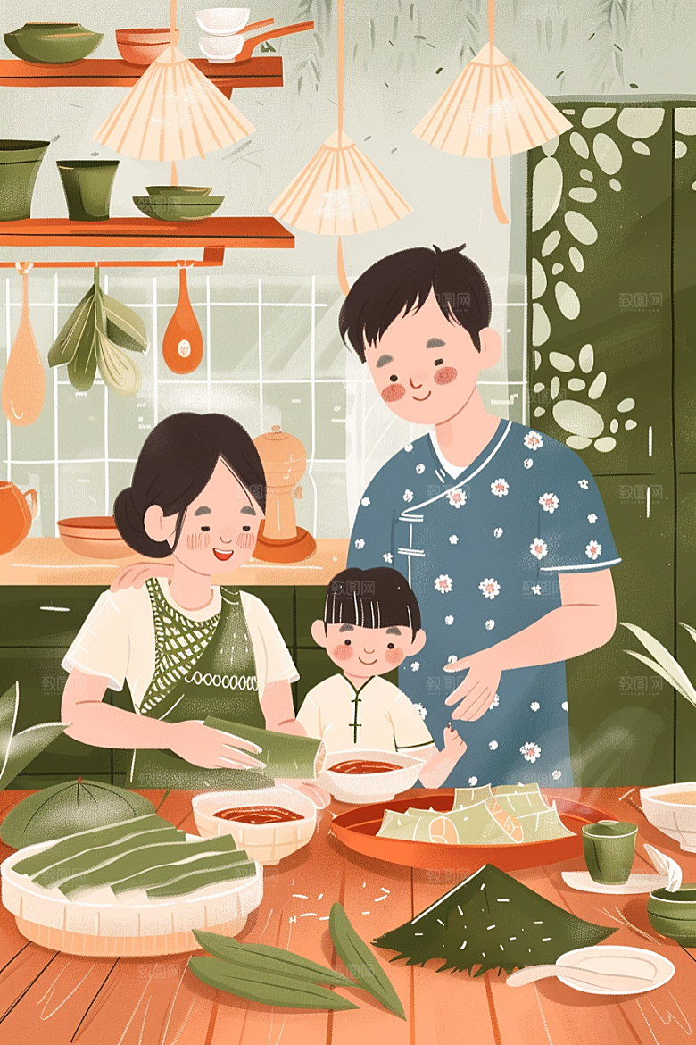 端午包粽子阖家团聚幸福插画