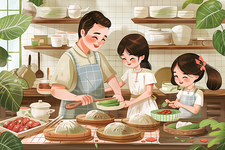 端午包粽子习俗幸福插画