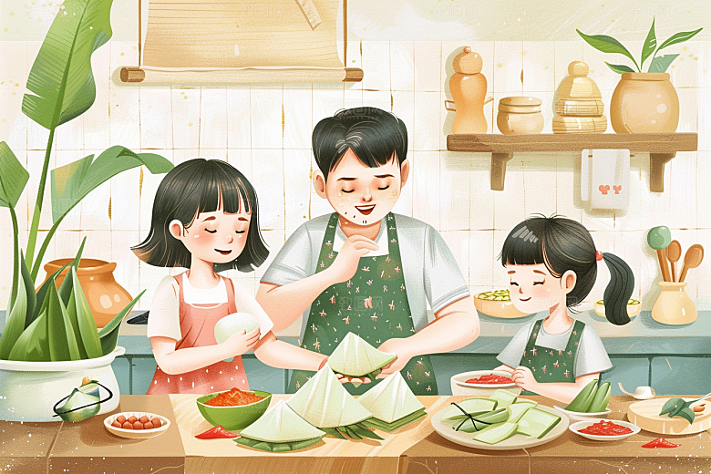 端午包粽子美食幸福插画
