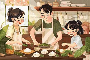 端午包粽子阖家团聚手绘插画