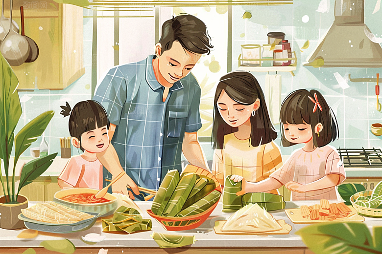 端午包粽子节日幸福插画