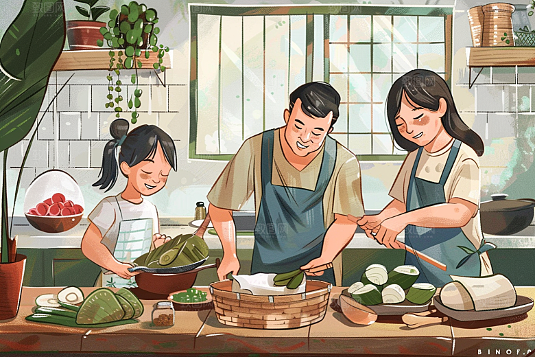 端午包粽子美食糯米插画