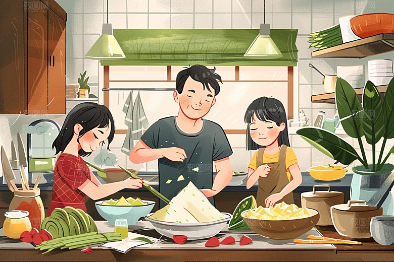 端午包粽子节日氛围高清插画