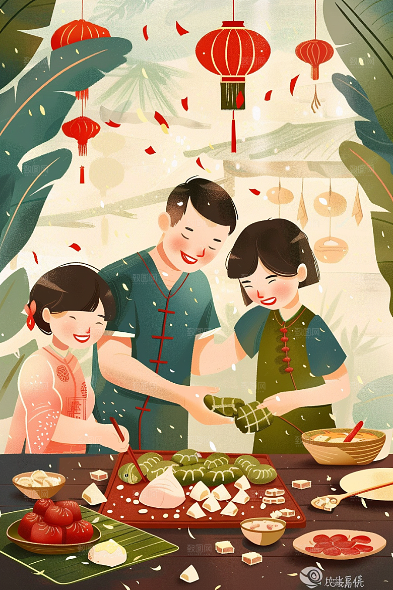 端午包粽子小吃高清插画