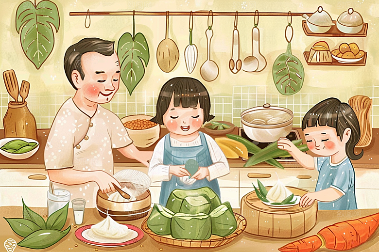 端午包粽子传统文化幸福插画