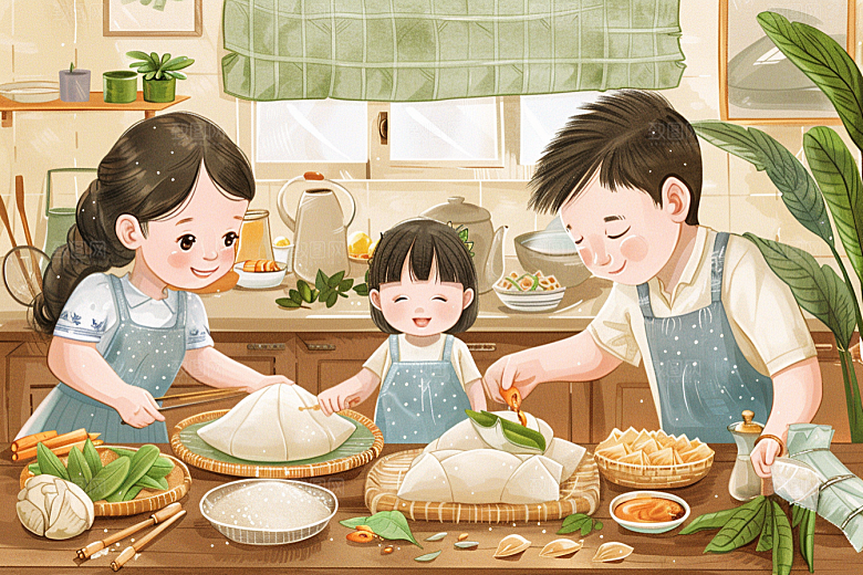 端午包粽子习俗温馨插画