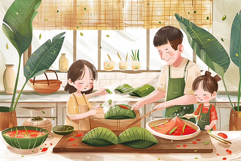 端午包粽子美食高清插画