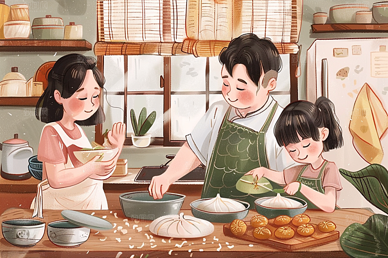 端午包粽子幸福美味插画