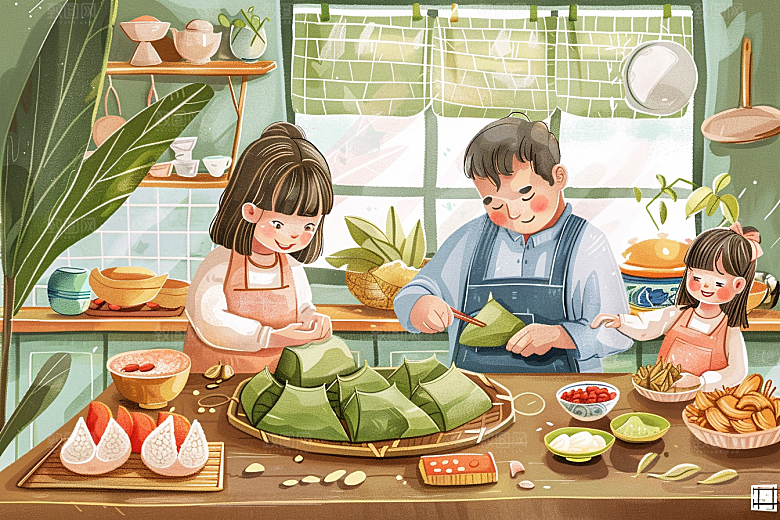 端午包粽子粽叶幸福插画