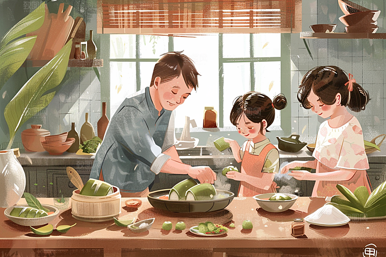端午包粽子美味传统文化插画