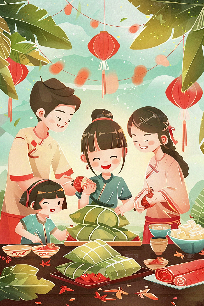 端午包粽子端午节习俗插画