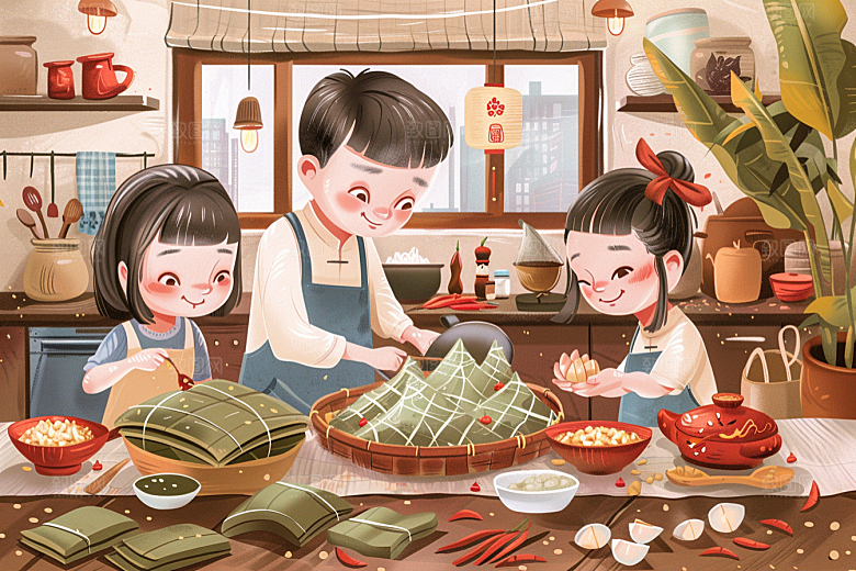 端午包粽子美食小吃插画