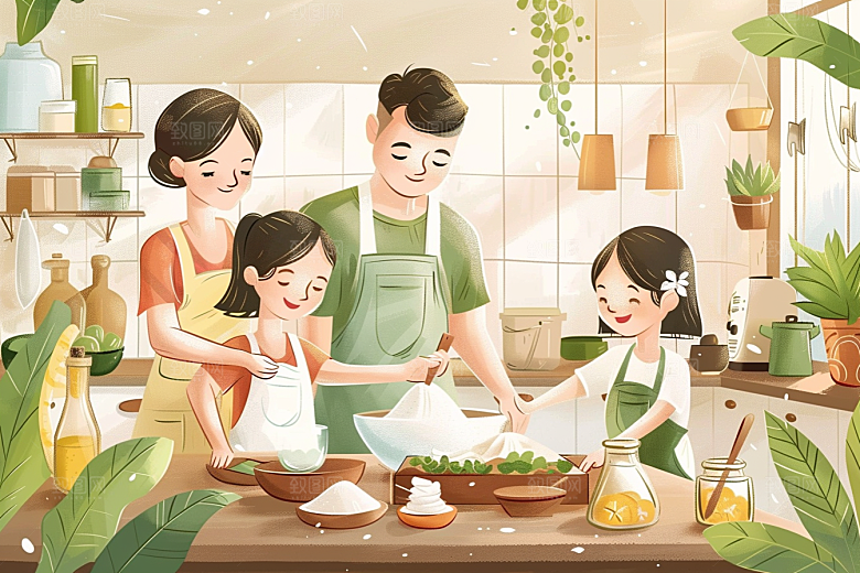 端午包粽子习俗阖家团聚插画