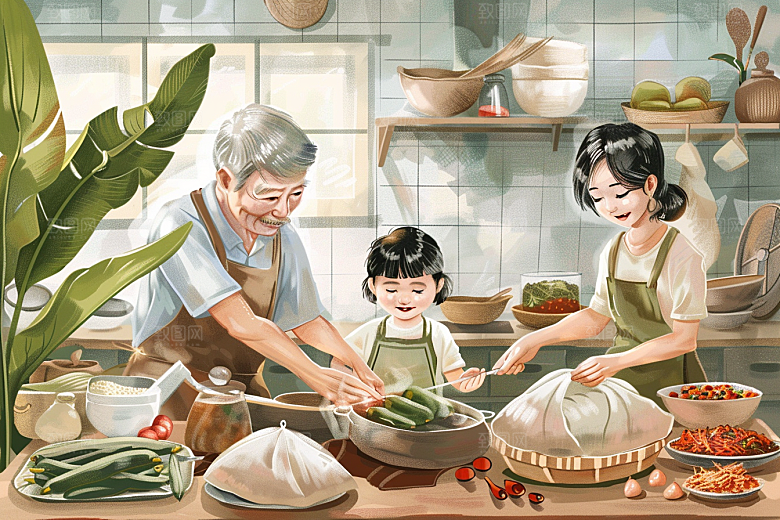 端午包粽子手绘节日氛围插画