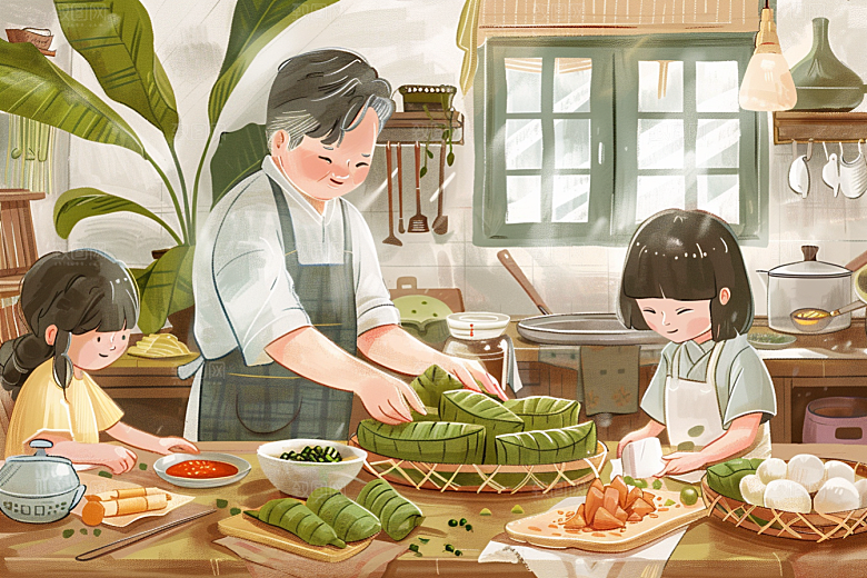 端午包粽子美食传统文化插画