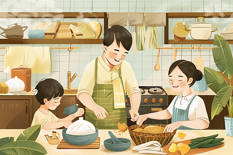 端午包粽子习俗幸福插画