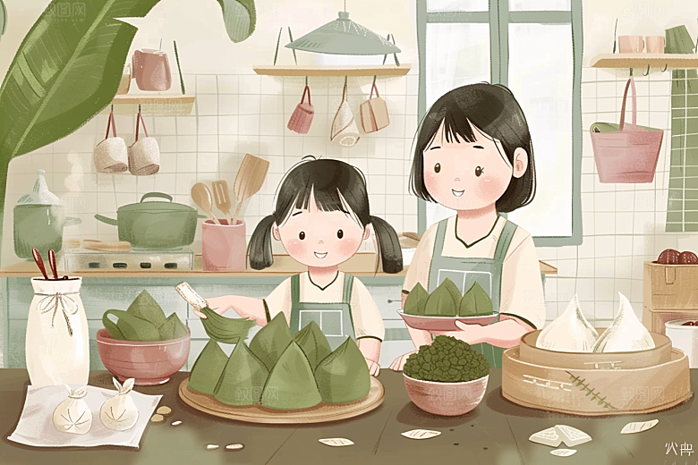 端午包粽子阖家团聚温馨插画