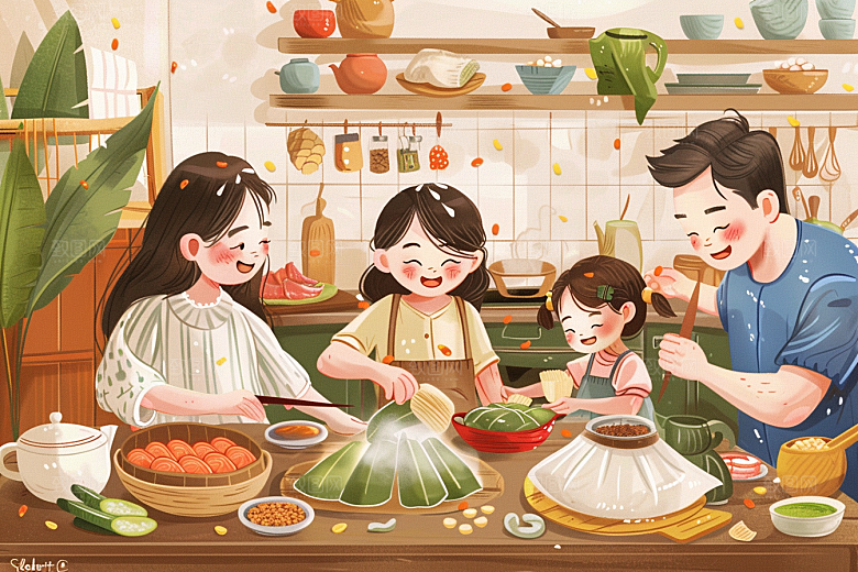 端午包粽子糯米传统文化插画
