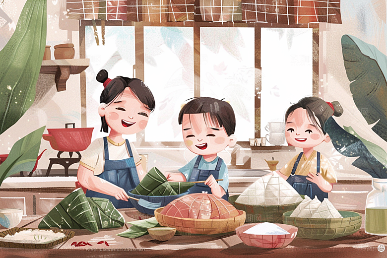 端午包粽子小吃美味插画