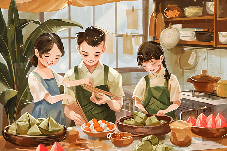 端午包粽子粽叶温馨插画