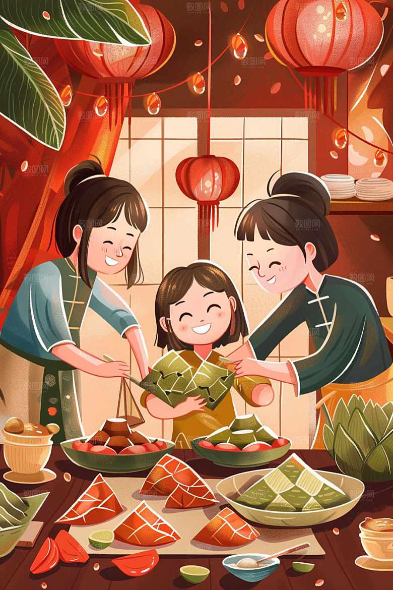 端午包粽子阖家团聚传统文化插画